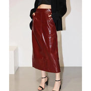 reflective pu leather midi skirt, view 2 - MRSLM