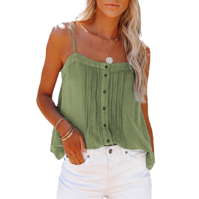 women's square collar button camisole denim vest, view 2 - MRSLM