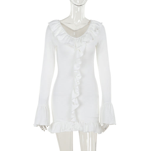 slim knit ruffled long sleeve dress, view 6 - MRSLM