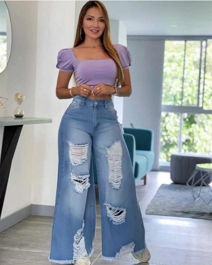 Lady Sexy Fashion Holes Denim Wide-leg Pants