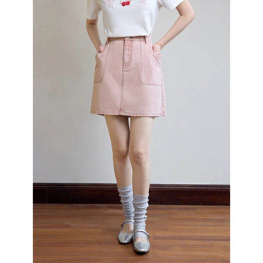 high waist pink denim mini skirt, view 2 - MRSLM