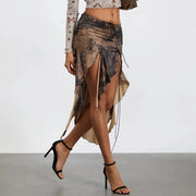 high split ruffle hem midi skirt, view 3 - MRSLM