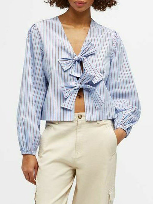 striped lace-up v-neck blouse, view 2 - MRSLM