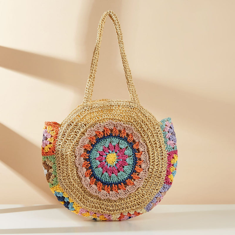 colorful woven beach shoulder bag, view 3 - MRSLM