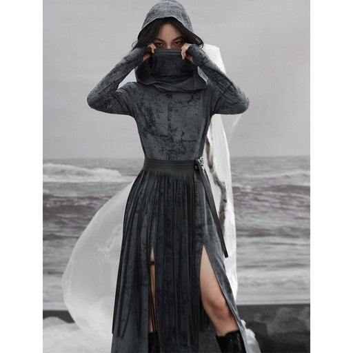 hooded high neck knit dress, view 2 - MRSLM