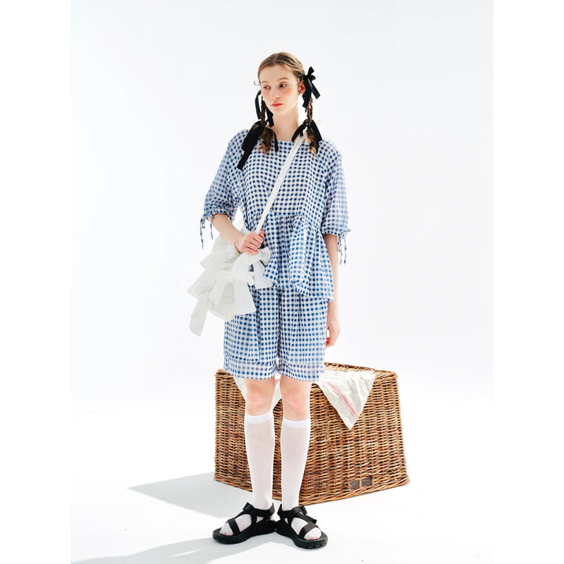 blue plaid puff sleeve shirt, view 6 - MRSLM
