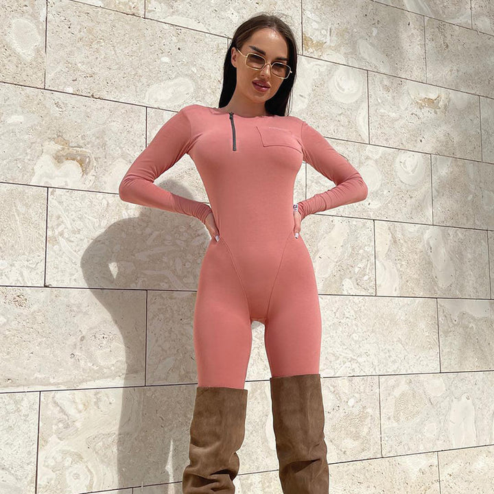 Women's Sports Casual Solid Color Round Neck Zipper Pocket Long Sleeve Slim Fit One-piece Trousers