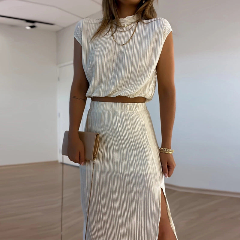 Pleated Half Turtleneck Short Shirt High Waist Mid-length Skirt Two-piece Set