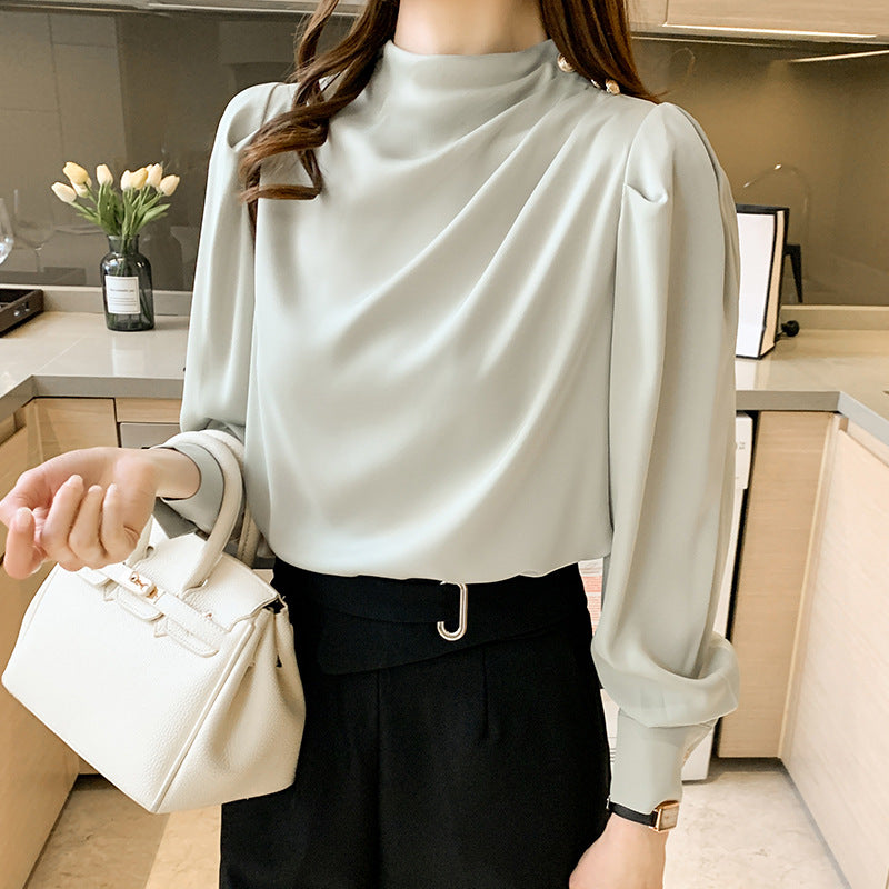 Stand Collar Pleated Lantern Sleeve Long Sleeve Top Loose Women's Shirt