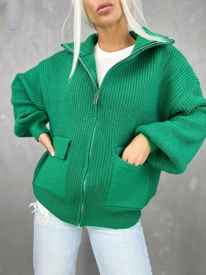 Women's Fashion Casual Zipper Long-sleeved Knitted Cardigan