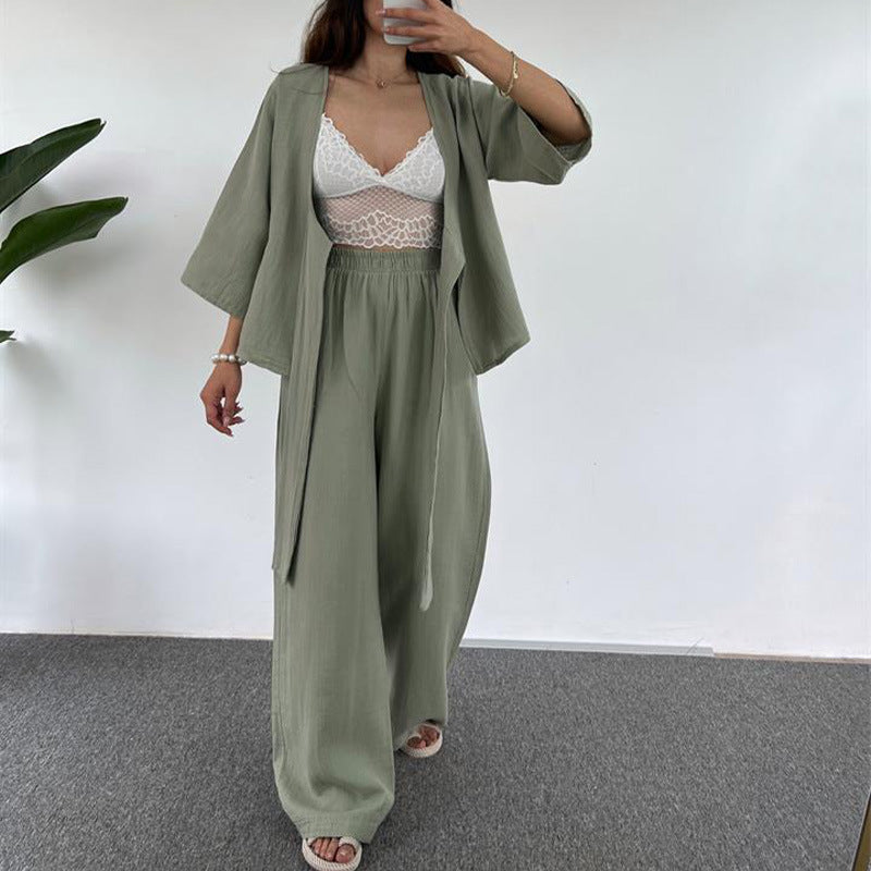 Women's Fashion Casual Loose Lace-up Three-quarter Length Sleeves Cardigan Trousers Two-piece Set