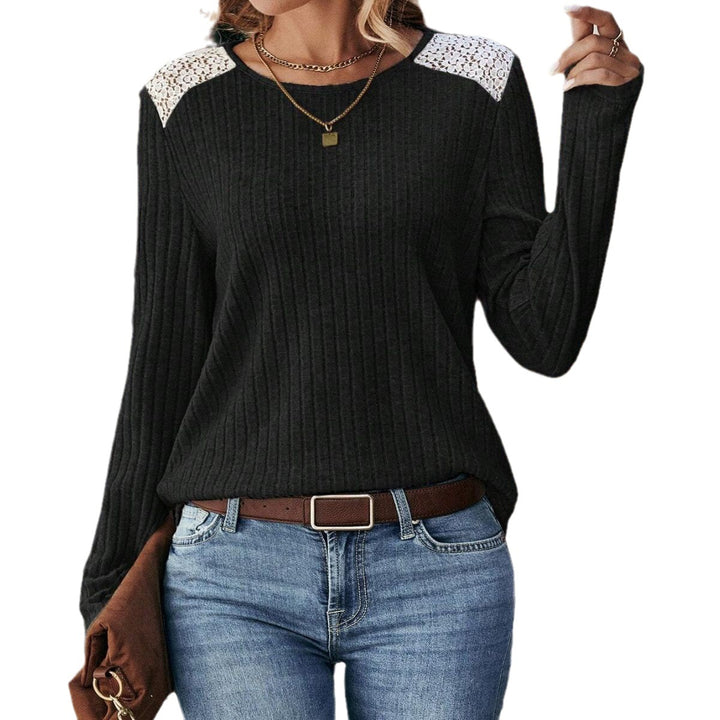 Women's Fashionable Round Neck Sunken Stripe Brushed Lace Long-sleeved Top