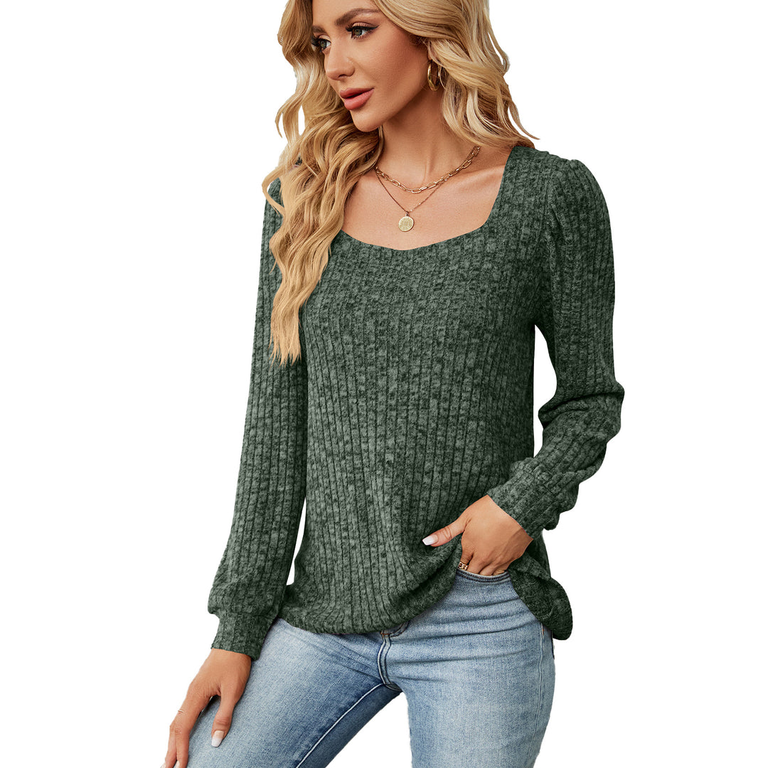 Women's Solid Color Rib Fabric Square Collar Loose Long-sleeved T-shirt Top