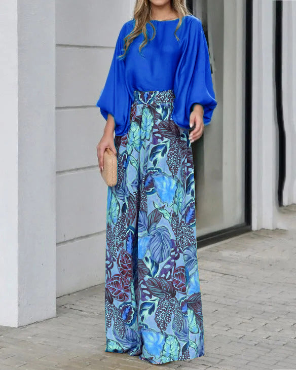 Women's Fashion Lantern Sleeve Printed Top Wide Leg Pants Two-piece Set