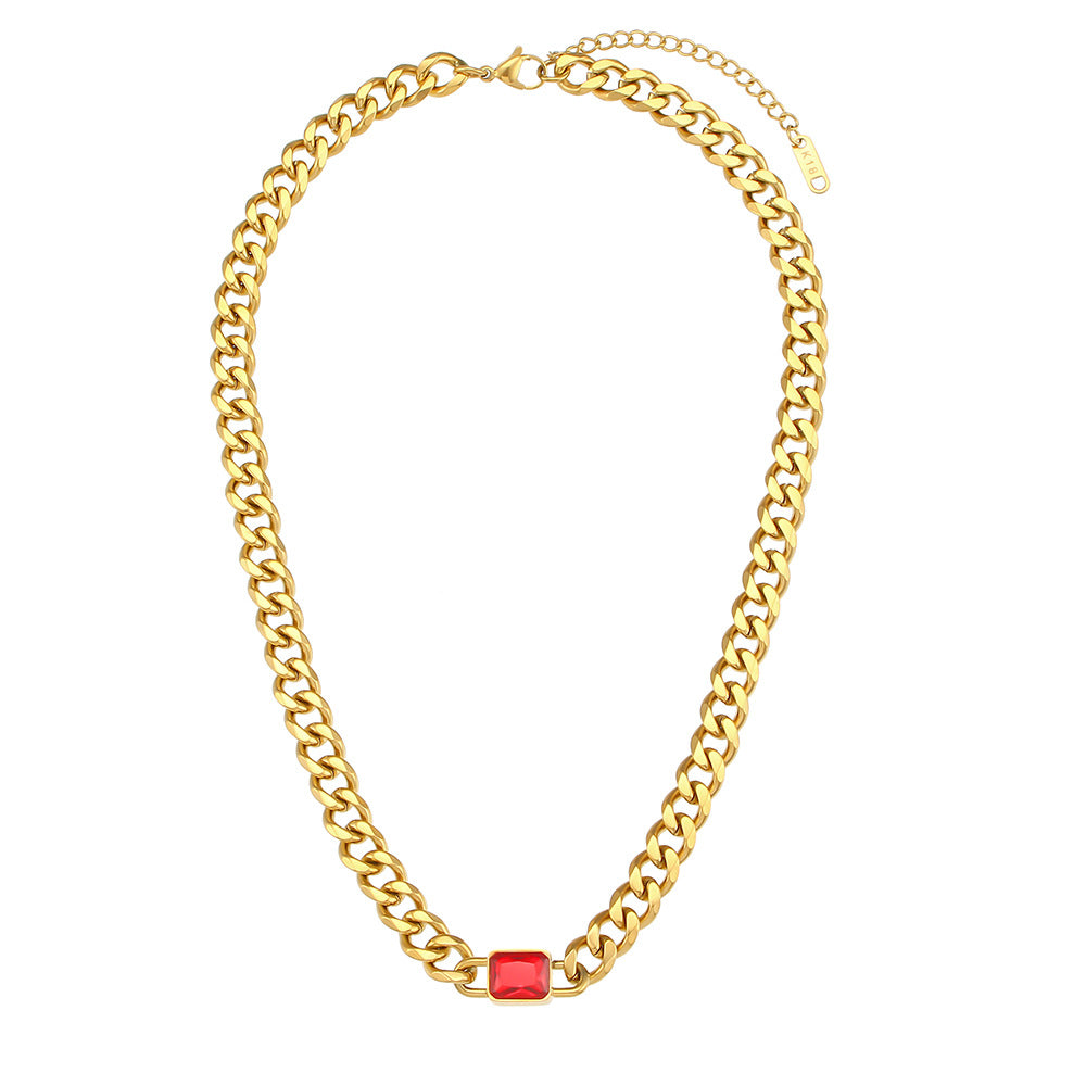 Retro Fashion Thick Chain Stainless Steel Plated 18K Cuban Link Chain Square Zircon Pendant Necklace