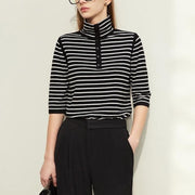 Striped wool blend mock neck sweater, view 2 - MRSLM