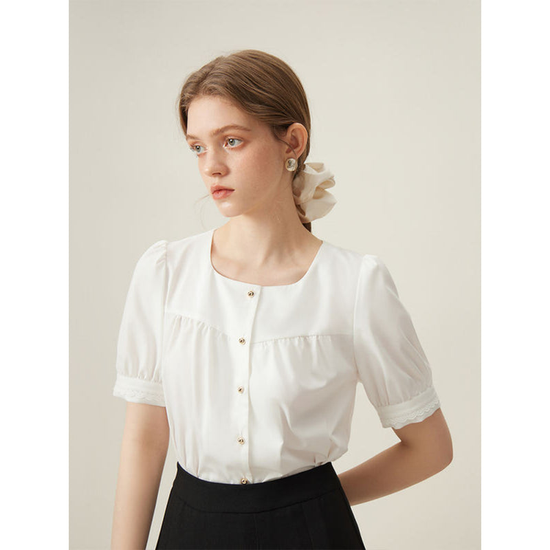 white square collar puff sleeve shirt, view 2 - MRSLM
