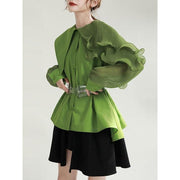 green pleated belted blouse, view 2 - MRSLM