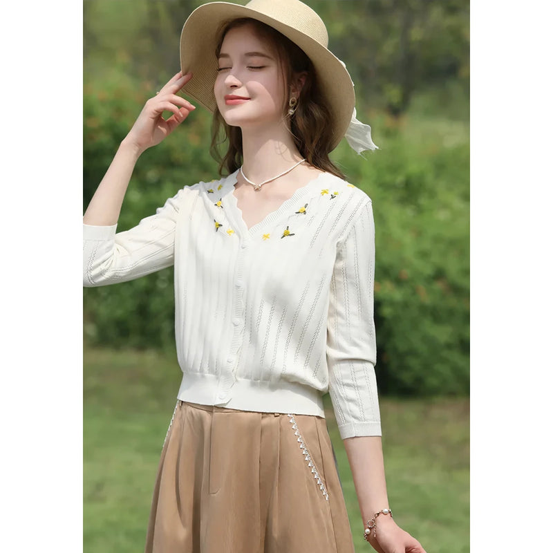 vintage V-neck embroidered knit sweater, view 6 - MRSLM