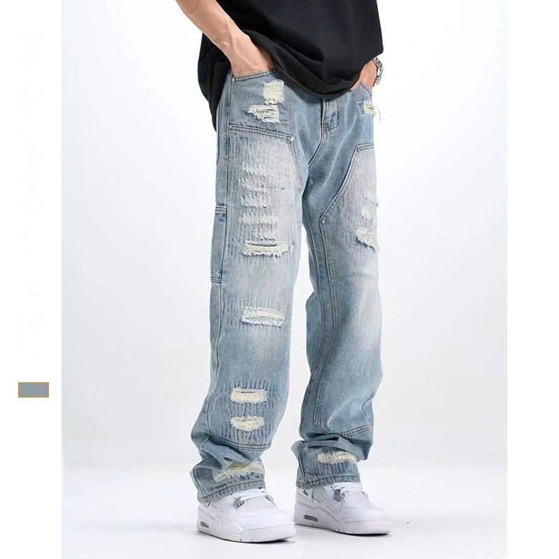 Men's washed ripped straight leg jeans, view 3 - MRSLM