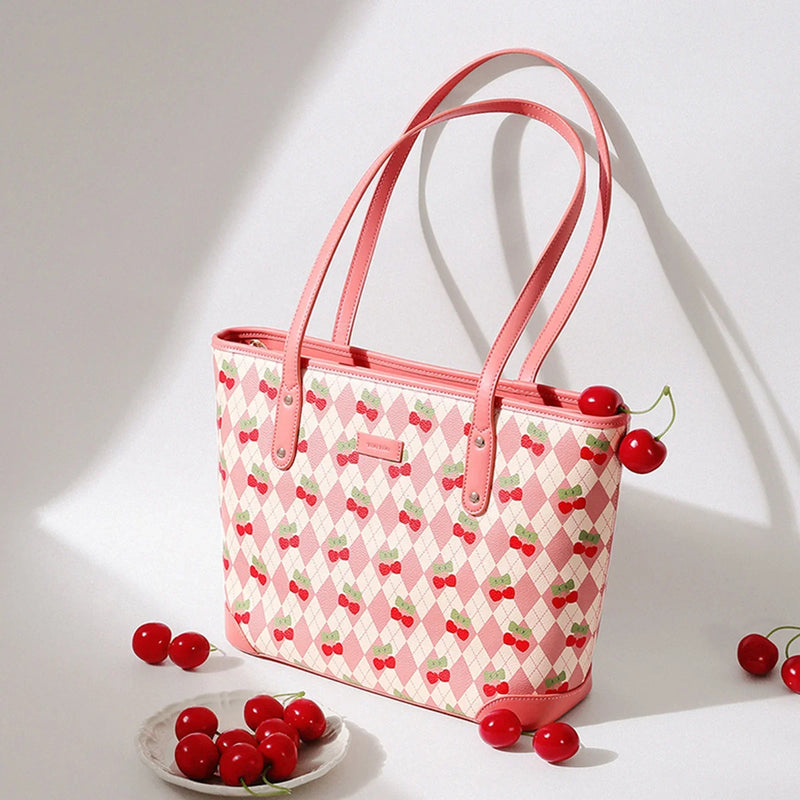 cherry print PVC tote bag, view 3 - MRSLM