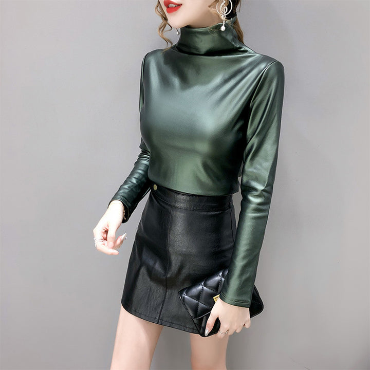 Autumn And Winter Fleece-lined Thick Leather Coat Turtleneck Bottoming Shirt For Women