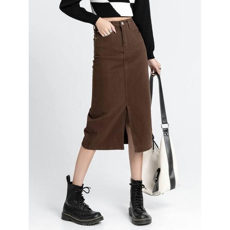 high waist denim pencil skirt, view 5 - MRSLM