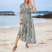 v-neck backless rayon ruffled sleeve dress, view 3 - MRSLM