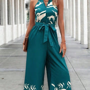 printed belt halter backless wide leg jumpsuit, view 3 - MRSLM