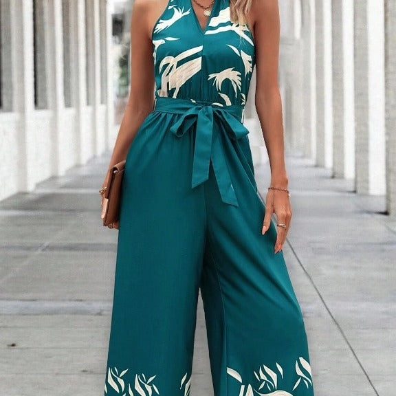 printed belt halter backless wide leg jumpsuit, view 3 - MRSLM