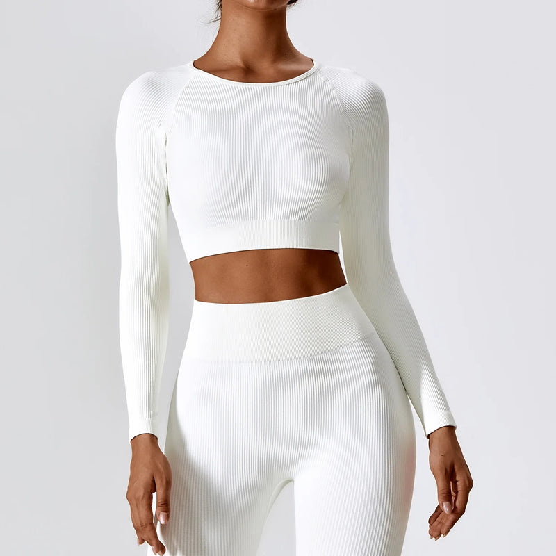 Women's ribbed long sleeve yoga crop top, view 9 - MRSLM