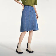 women's blue denim A-line skirt, view 2 - MRSLM