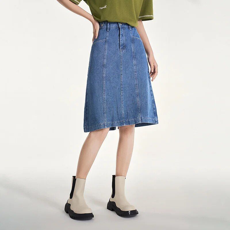 women's blue denim A-line skirt, view 2 - MRSLM