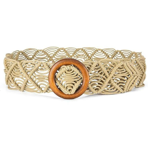 boho woven belt with wooden buckle, view 3 - MRSLM