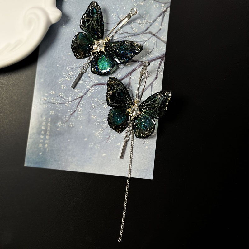 asymmetric butterfly tassel earrings, view 3 - MRSLM