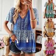 women's printed ruffle sleeve short-sleeved shirt, view 5 - MRSLM