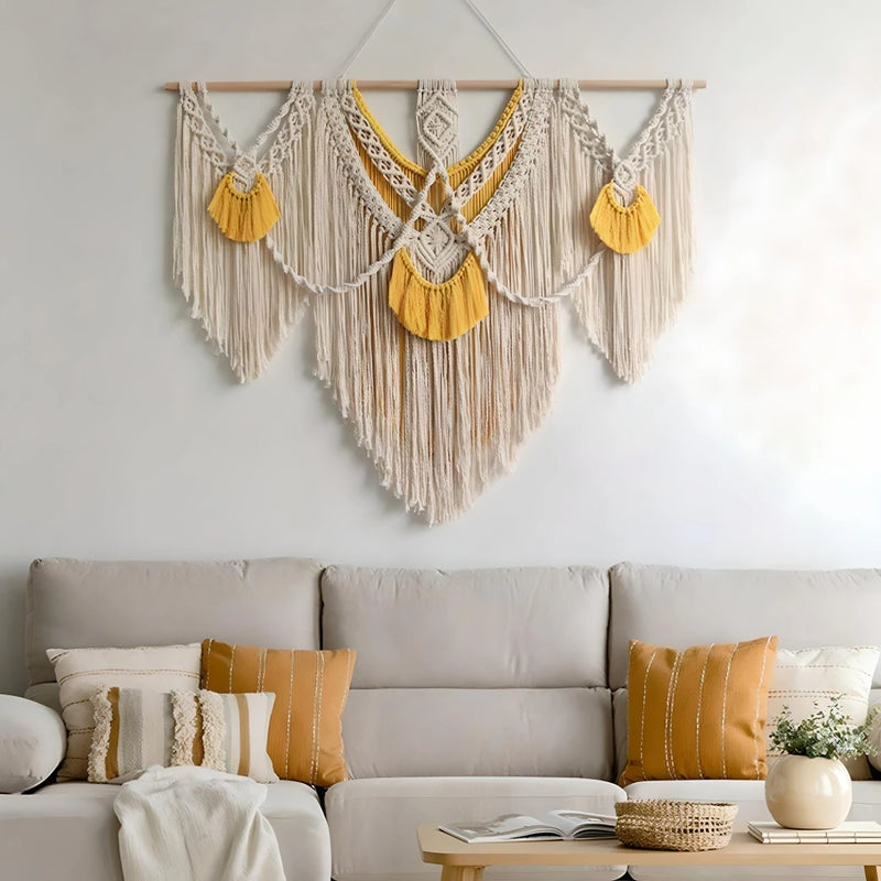 yellow large macrame wall hanging, view 2 - MRSLM