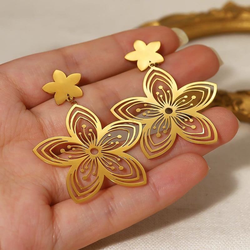 gold flower drop earrings, view 7 - MRSLM