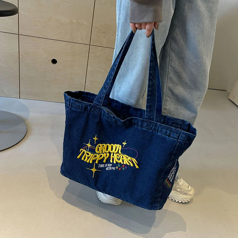 embroidered denim shoulder bag, view 3 - MRSLM