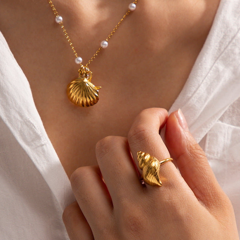 conch textured gold plated ring, view 7 - MRSLM