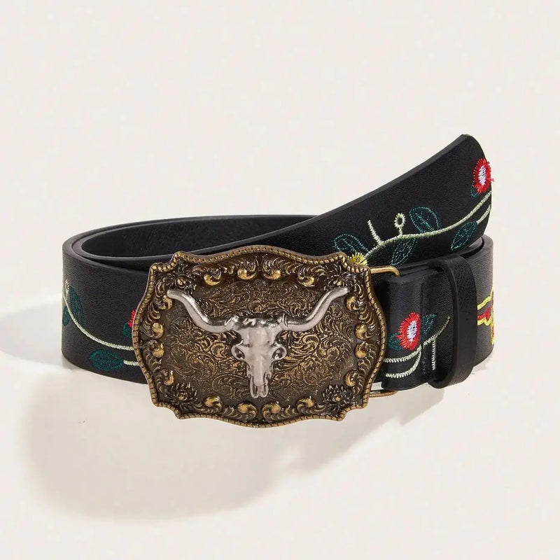 vintage western cowboy buckle pu leather belt, view 2 - MRSLM