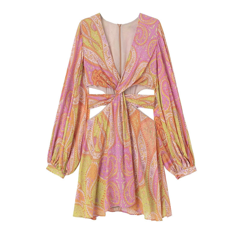 Women's long sleeve cutout print dress, view 10 - MRSLM