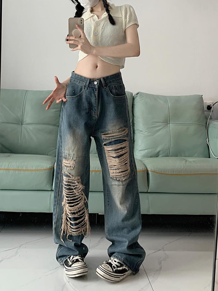 Fashion Holes Jeans Women's Retro High Waist