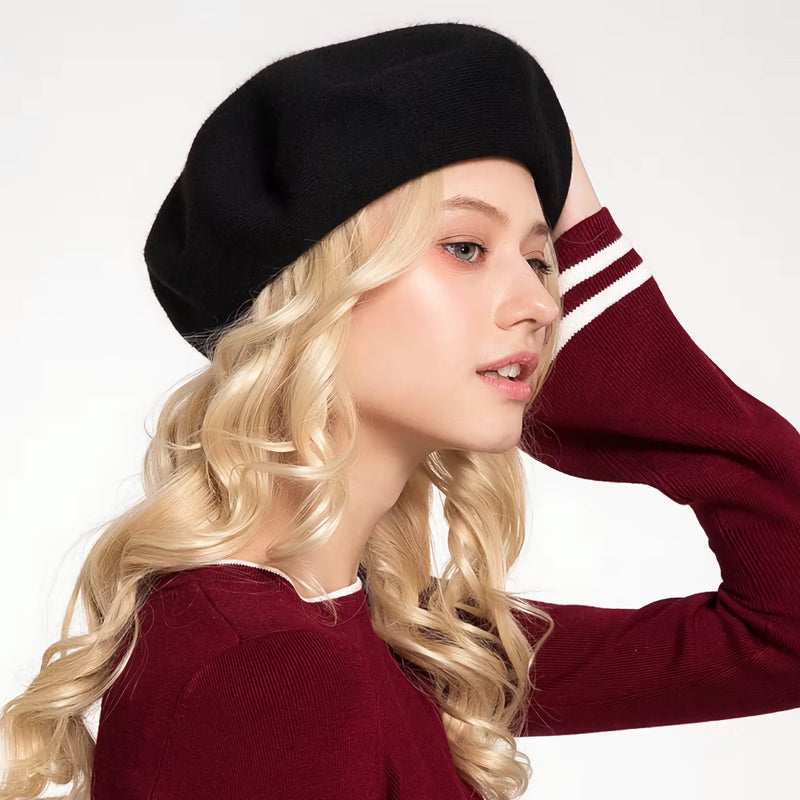 solid wool blend knitted beret, view 7 - MRSLM