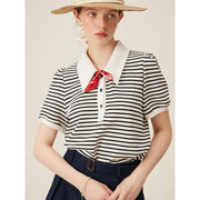 striped polo-neck puff sleeve tee, view 4 - MRSLM