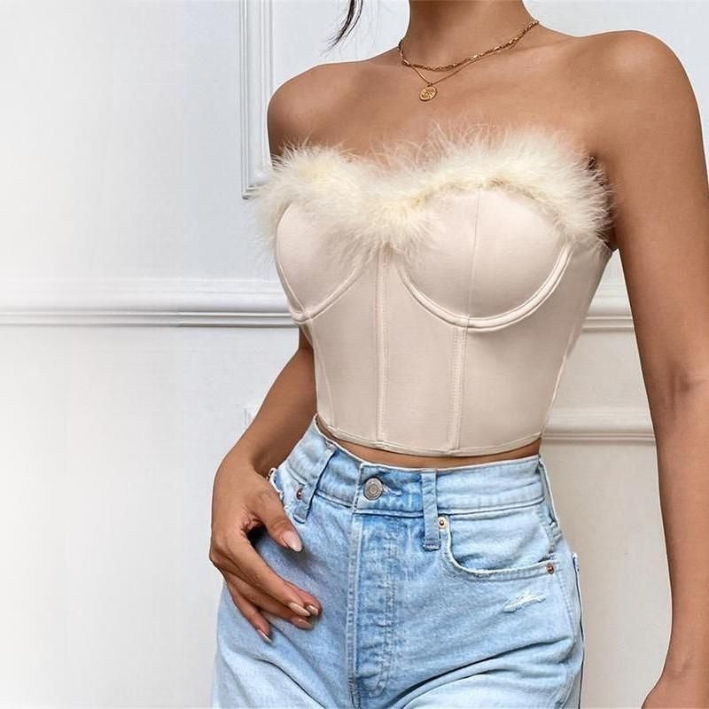 Chic Furry Trim Corset Tube Top