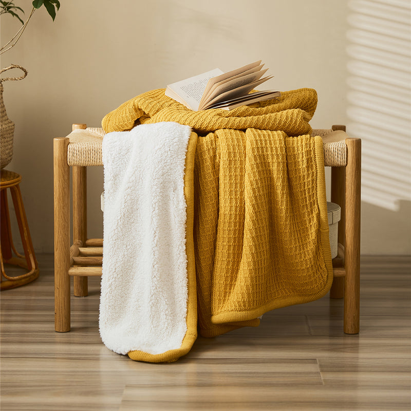 classic waffle plaid cotton knitted throw blanket, view 3 - MRSLM