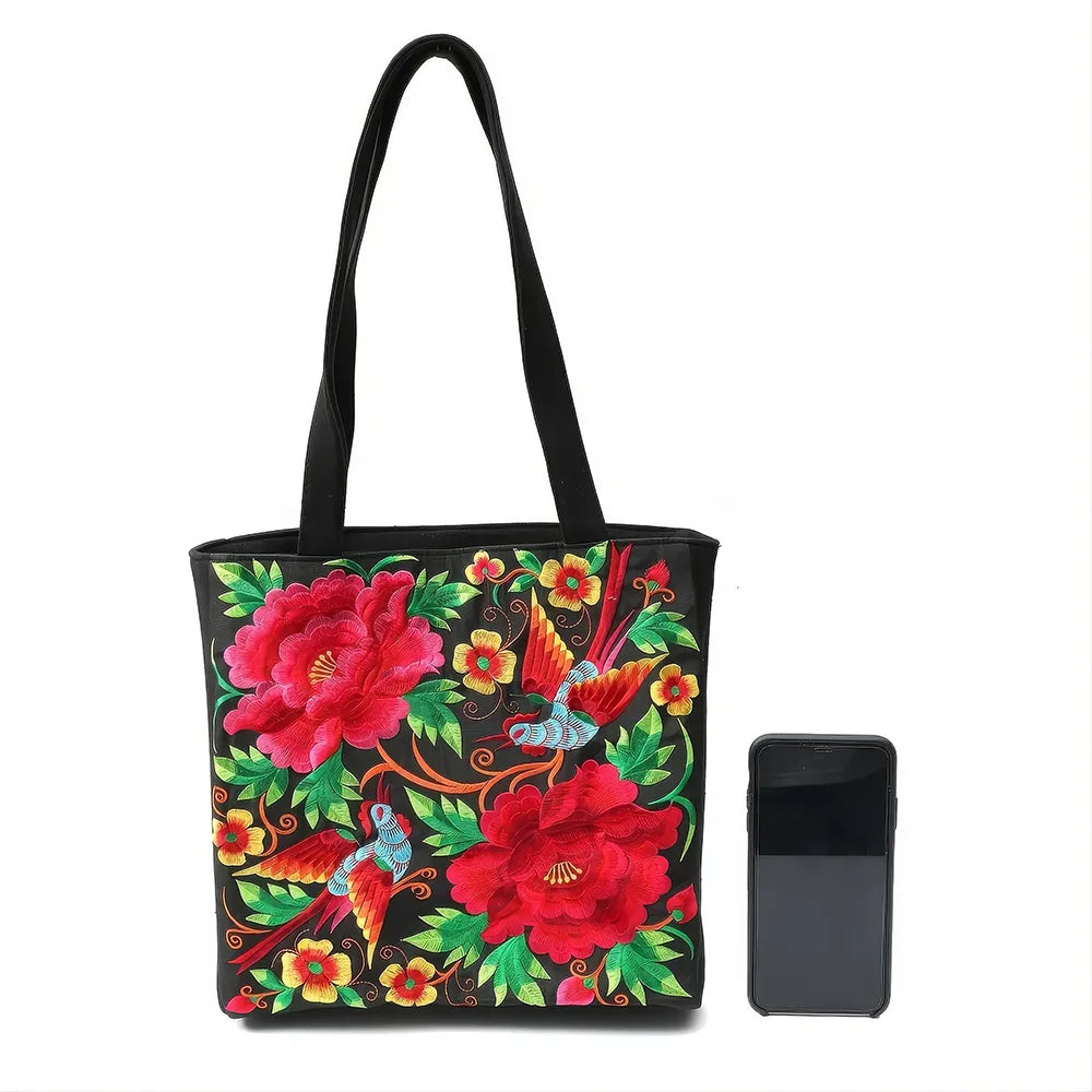 Elegant Phoenix Embroidered Canvas Shoulder Bag for Women