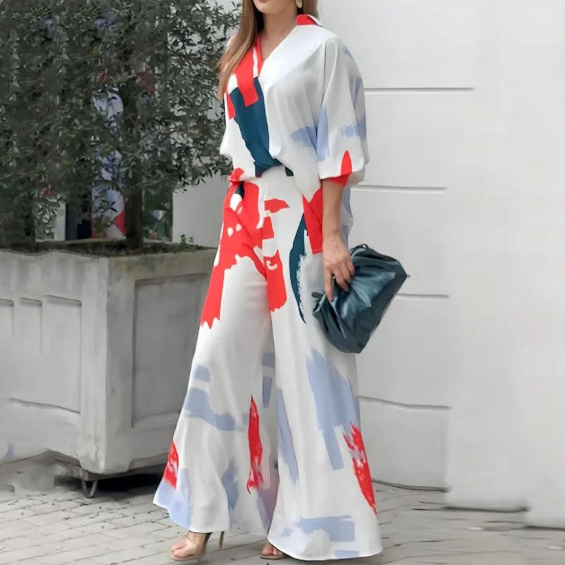 casual printed long sleeve top and loose pants set - MRSLM
