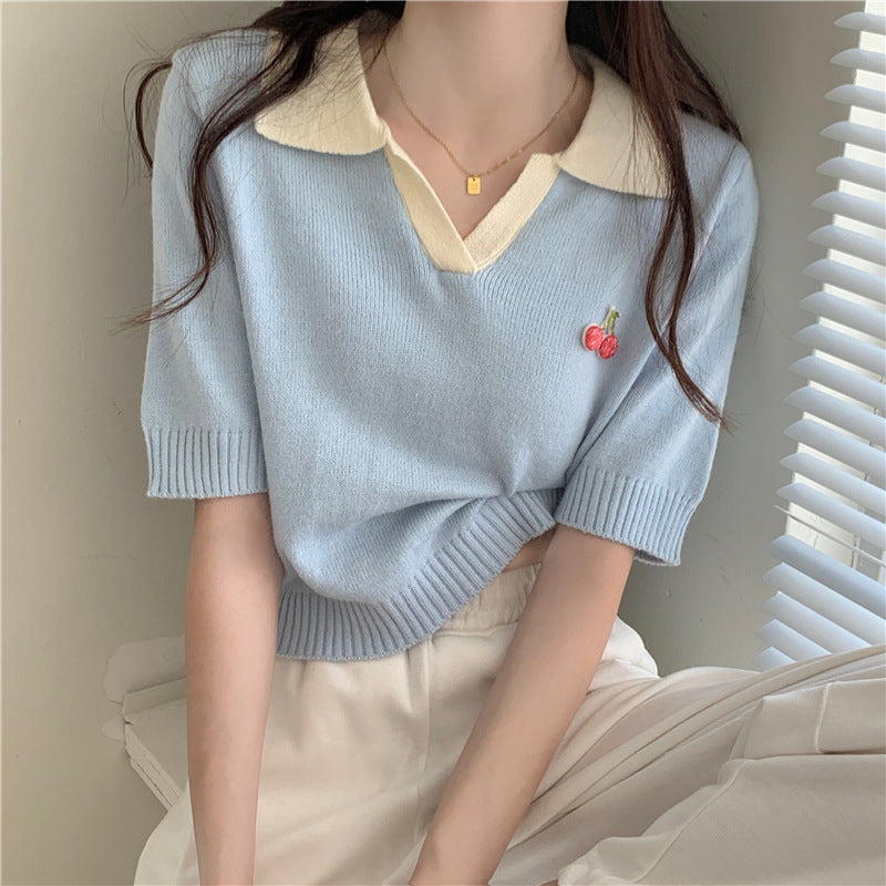 3d cherry loose short sleeve knit top, view 2 - MRSLM